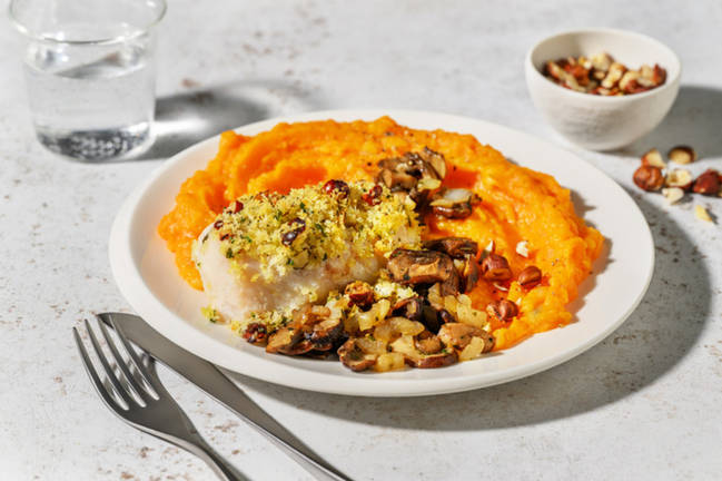 Lieu en croûte de noisettes & purée de courge