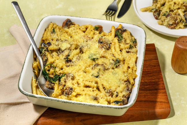 Gratin éclair de macaroni, champis & épinards
