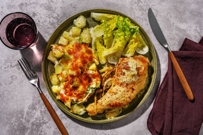 Poulet rôti & gratin de choux de Bruxelles