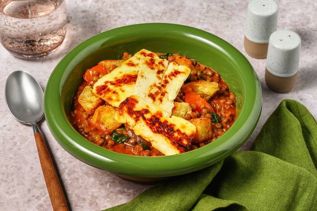 Pan-Fried Halloumi on Harissa Lentils