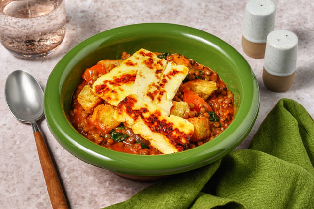 Pan-Fried Halloumi on Harissa Lentils