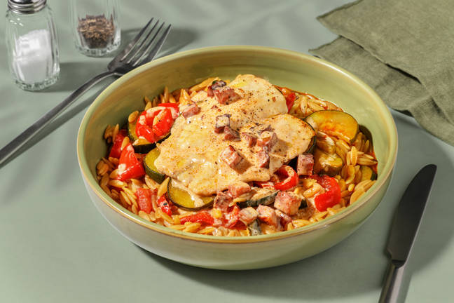 Lieu snacké, chorizo & orzo au paprika fumé