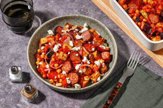 One Tray: merguez & aubergine à la grecque