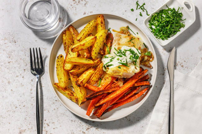 Lieu poêlé, potatoes & sauce blanche aux herbes