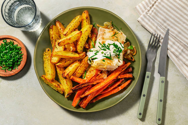 Lieu poêlé, potatoes & sauce blanche aux herbes