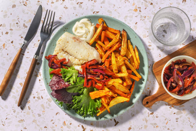 Lieu noir au confit d'oignon & poivrons