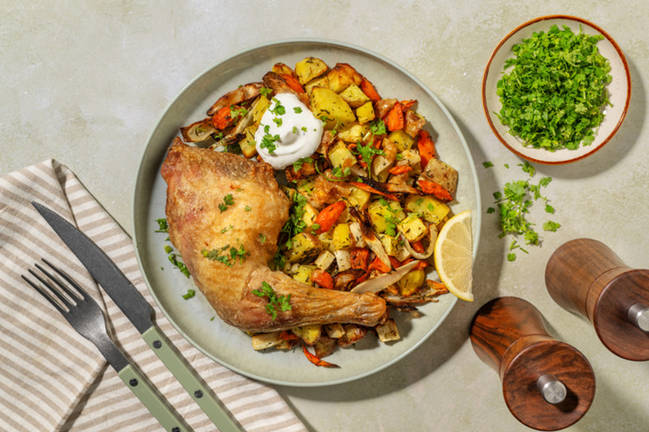 Cuisse de poulet rôtie, sauce yaourt & cerfeuil
