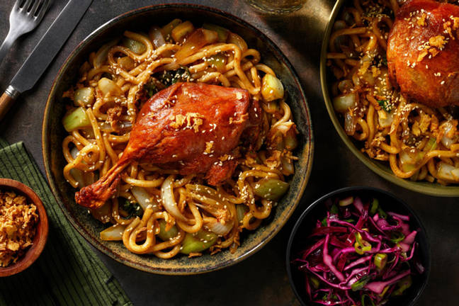 Confiteret andelår og friske udonnudler