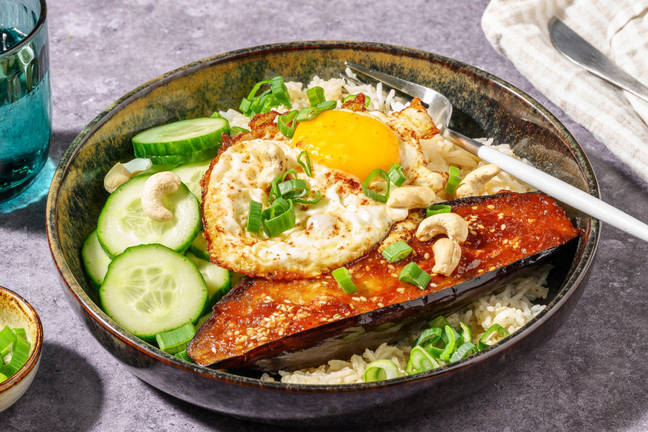 Aubergine au miso et œuf au plat