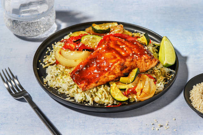 Hoisinzalm met sticky soja-groenten