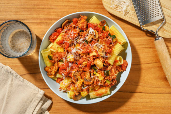 Ragù alla boscaiola: rigatoni con carne picada y setas