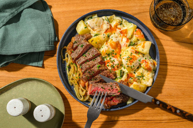Steak with Cheesy Vegetable Gratin