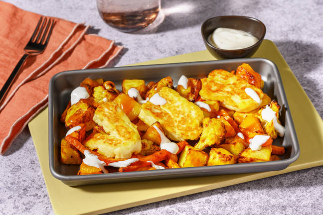 Sticky Korma Spiced Halloumi Aloo Gobi Traybake