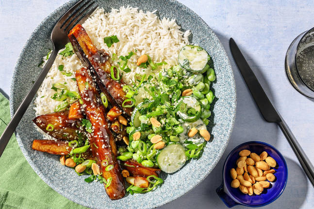 Hoisin Eggplant with Gomashio Edamame Salad