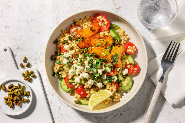 Salade met gegrilde nectarine en honing-geitenkaasbolletjes