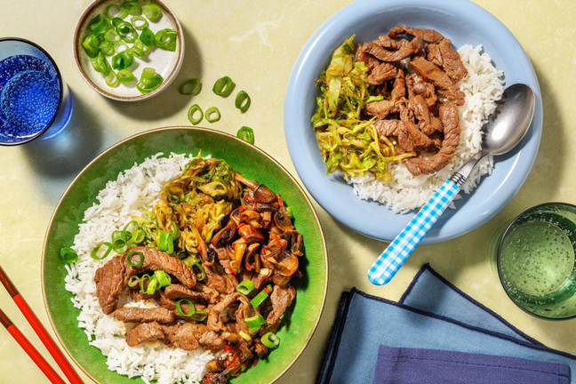 Sweet Soy Steak Strips with Rice & Cabbage