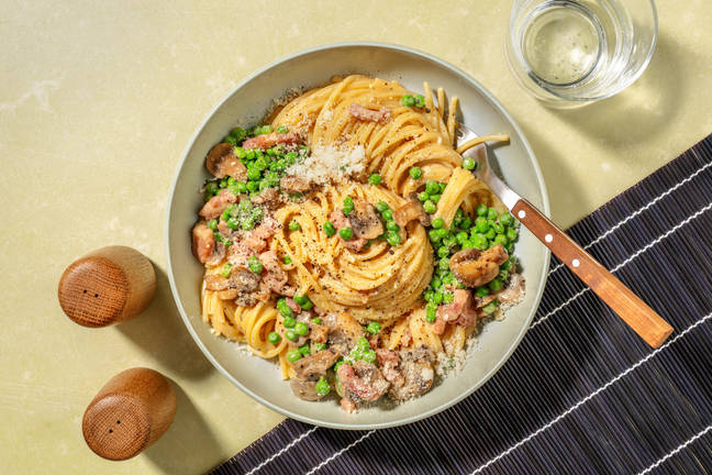 Truffled Bacon, Mushroom and Pea Spaghetti