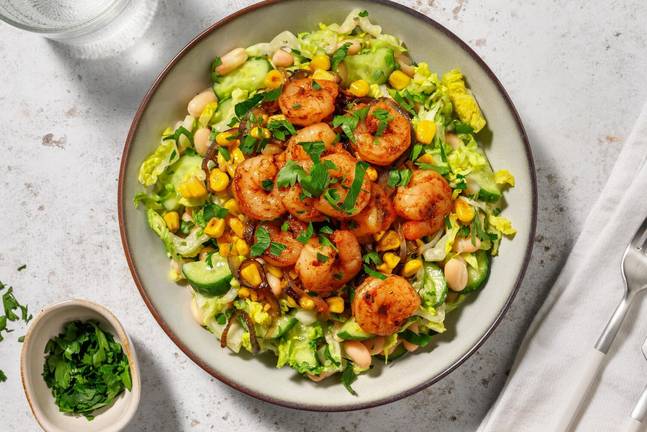 Cajun Riesencrevetten auf Cannellinibohnen-Salat