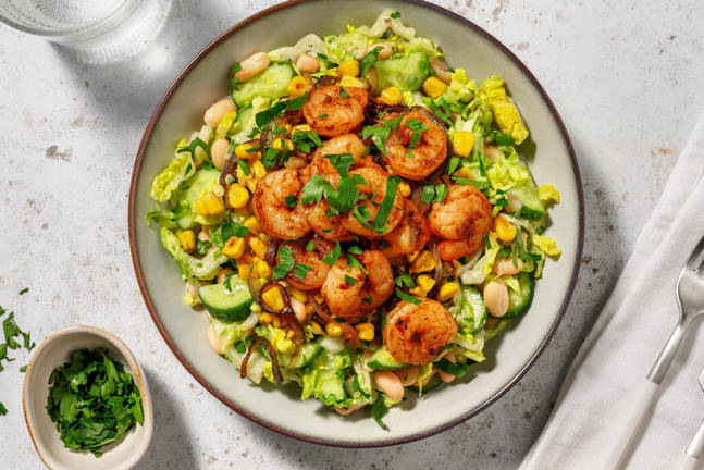 Cajun Riesencrevetten auf Cannellinibohnen-Salat