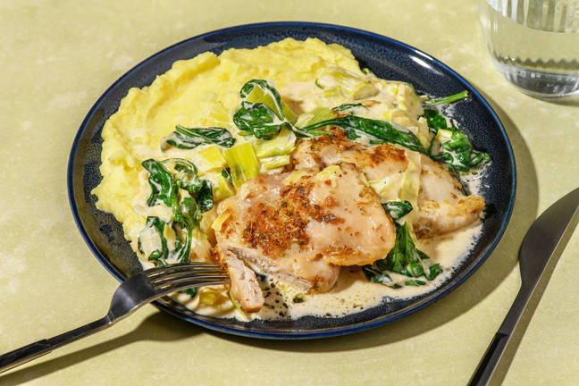 Roasted Chicken Thighs and Cheesy Leek Sauce