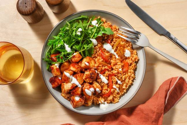 Glazed Halloumi and Veg Loaded Harissa Bulgur Bowl