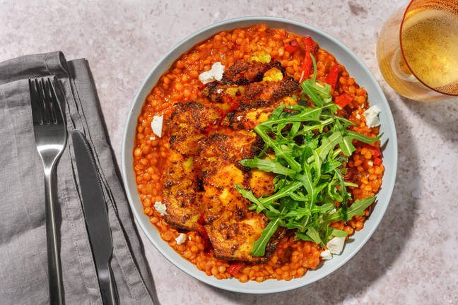 Chermoula Chicken on Caramelised Onion Lentils 