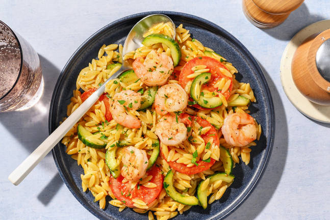 Garnelen in mediterraner Marinade auf Orzo