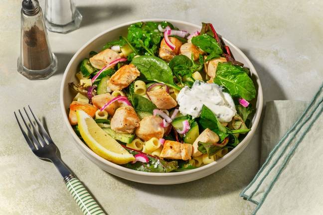 Quick Greek Style Oregano Chicken Pasta Salad