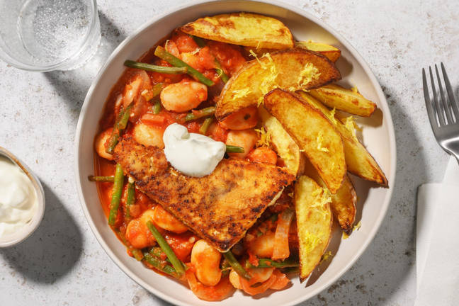 Panierter Hirtenkäse auf tomatigem Bohnenragout