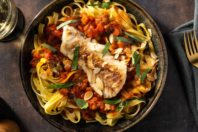 Cod with Fresh Tagliatelle & Caponata-Style Stew