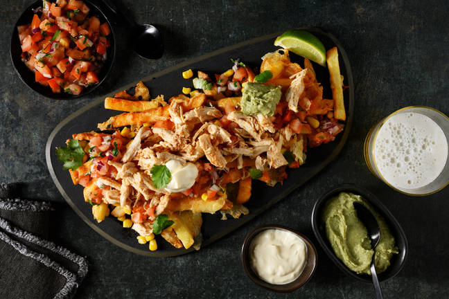 Cheesy loaded fries met pulled chicken