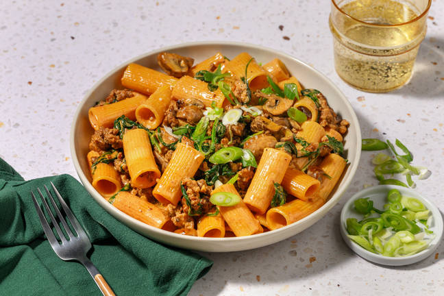 Quick Gochujang Beef, Pork and Mushroom Rigatoni