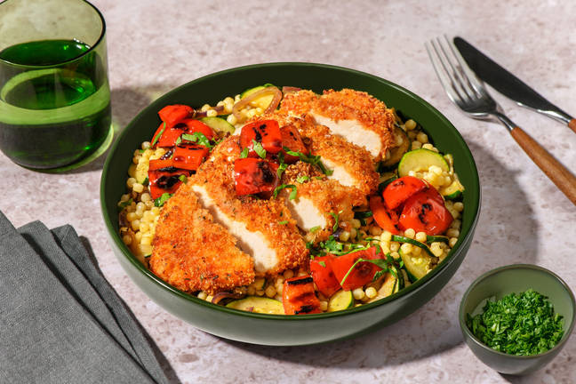 Poulet pané panko-romarin & poivron rôti