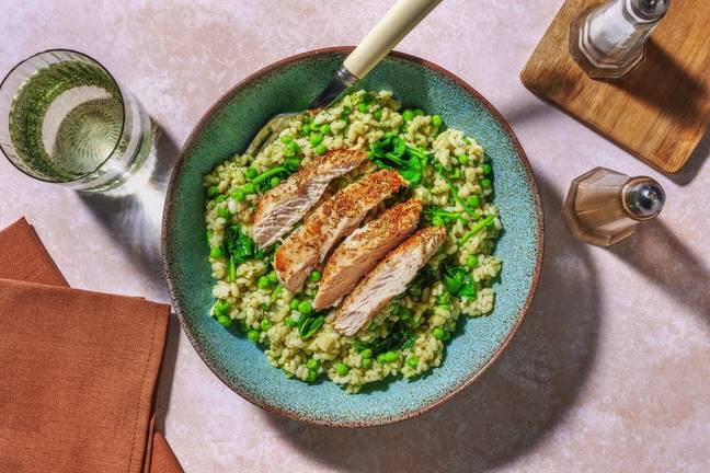 Rosemary Chicken on Oven-Baked Pea Risotto