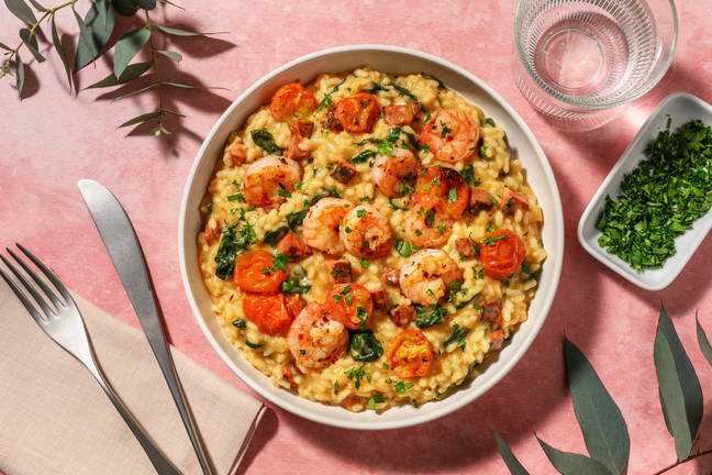 Knoblauchgarnelen auf Chorizo-Risotto