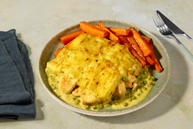 Cosy Coronation Chicken Pie and Roasted Carrots
