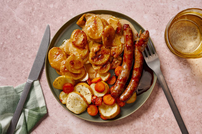 Honey Mustard Sausages and Creamy Potato Gratin
