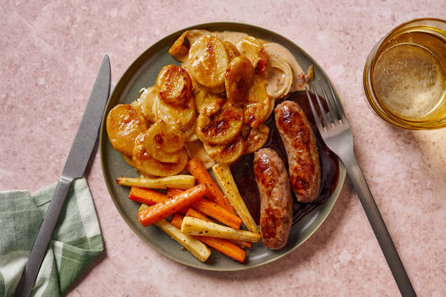 Honey Mustard Sausages and Creamy Potato Gratin