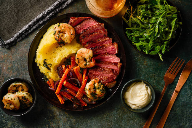 Surf n Turf med storfemørbrad og reker  