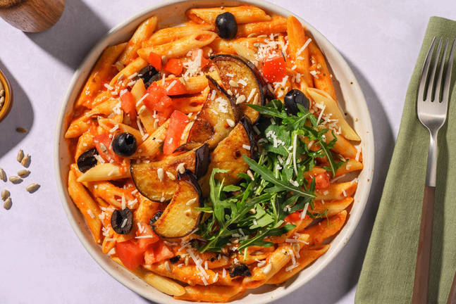 Penne mit Ofen-Aubergine und Oliven