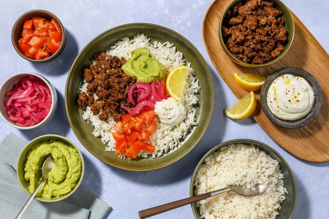 Burrito bowl de ternera y guacamole