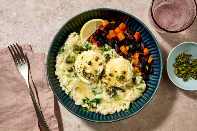 Aglio e olio risotto met geitenkaas en pistachenoten
