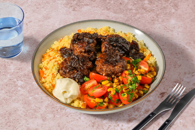 Sticky Jerk Beef Rissoles & Carrot Couscous