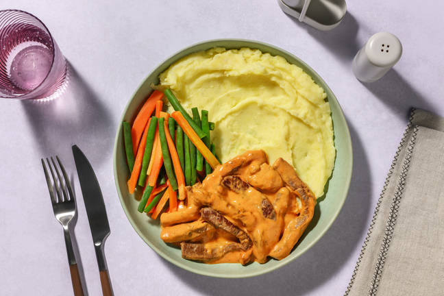 Quick Beef Stroganoff & Garlic Mash