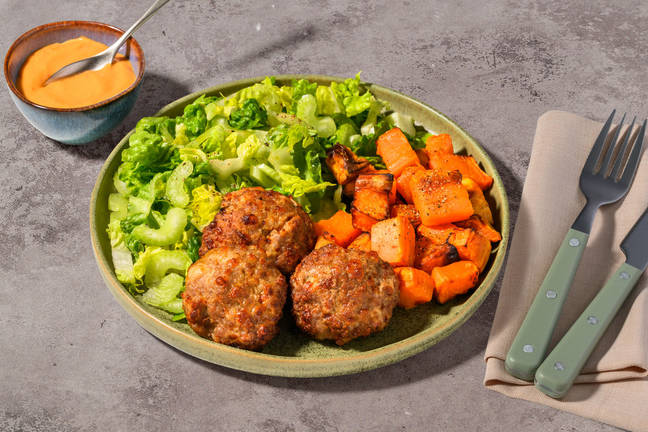 Spiced Cheesy Pork Rissoles & Roast Kūmara