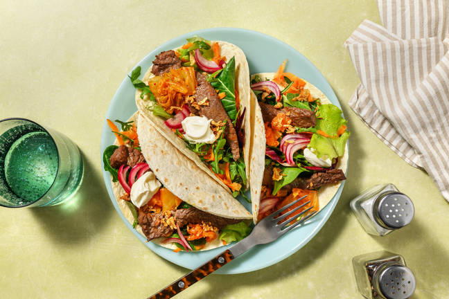 Asian-Style Beef & Kimchi Salad Tacos