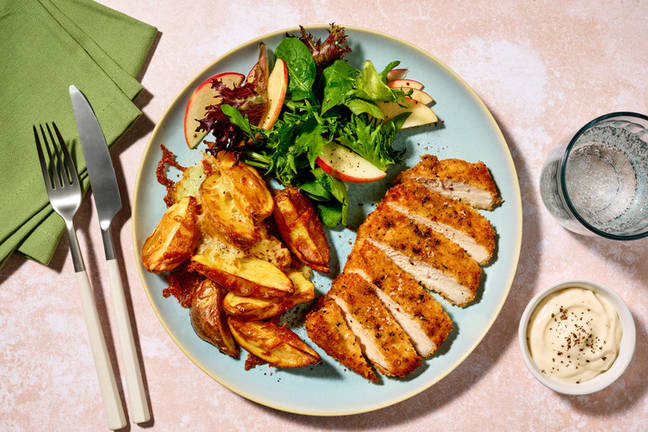 Herby Crumbed Pork & Cheesy Wedges