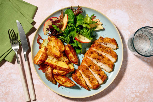 Herby Crumbed Pork & Cheesy Wedges