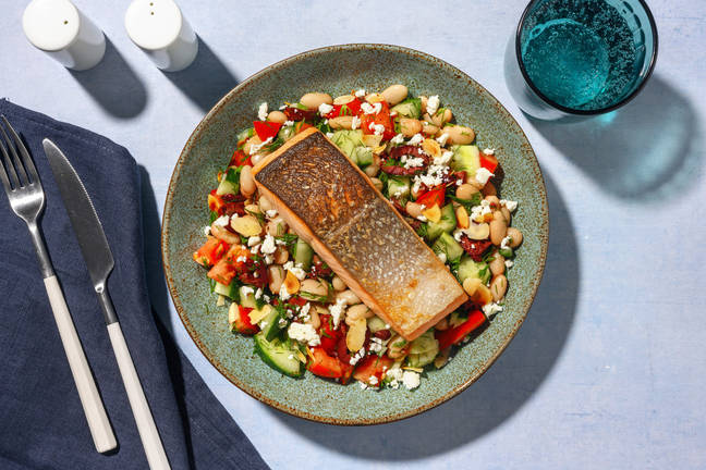 Seared Salmon & Greek Cannellini Bean Salad