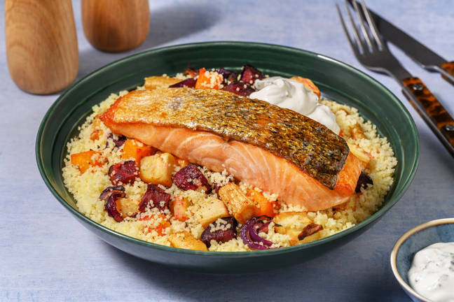 Honey-Glazed Salmon & Roast Veggie Couscous
